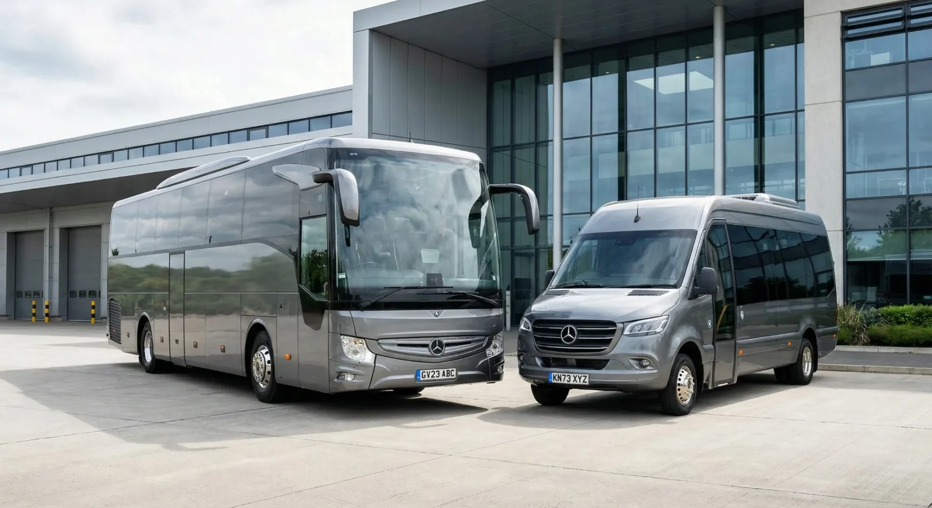 Executive minibus and coach from Peak Travels parked outside a modern building