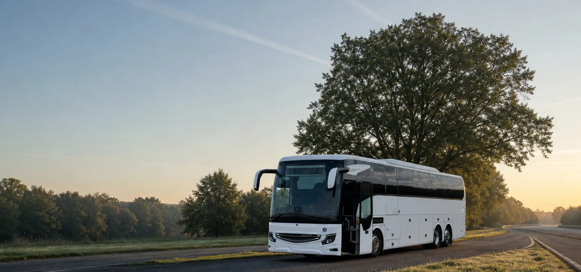 Illustration of a coach on a slip road at first light with aircraft trails in the sky