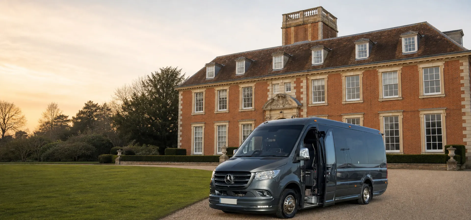 Illustration of a minibus outside a red-brick mansion in Bracknell