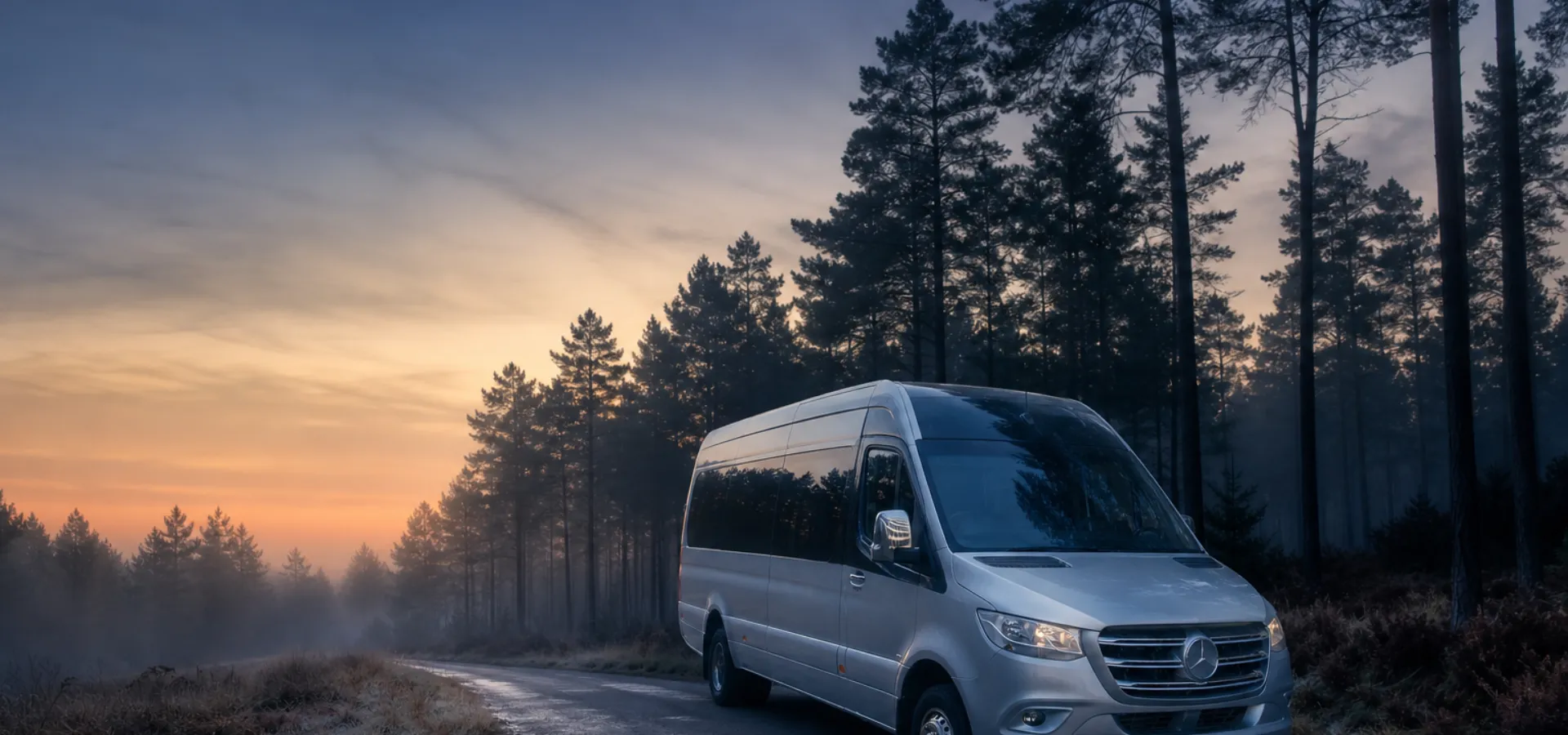 Illustration of a silver minibus on a wooded lane before dawn