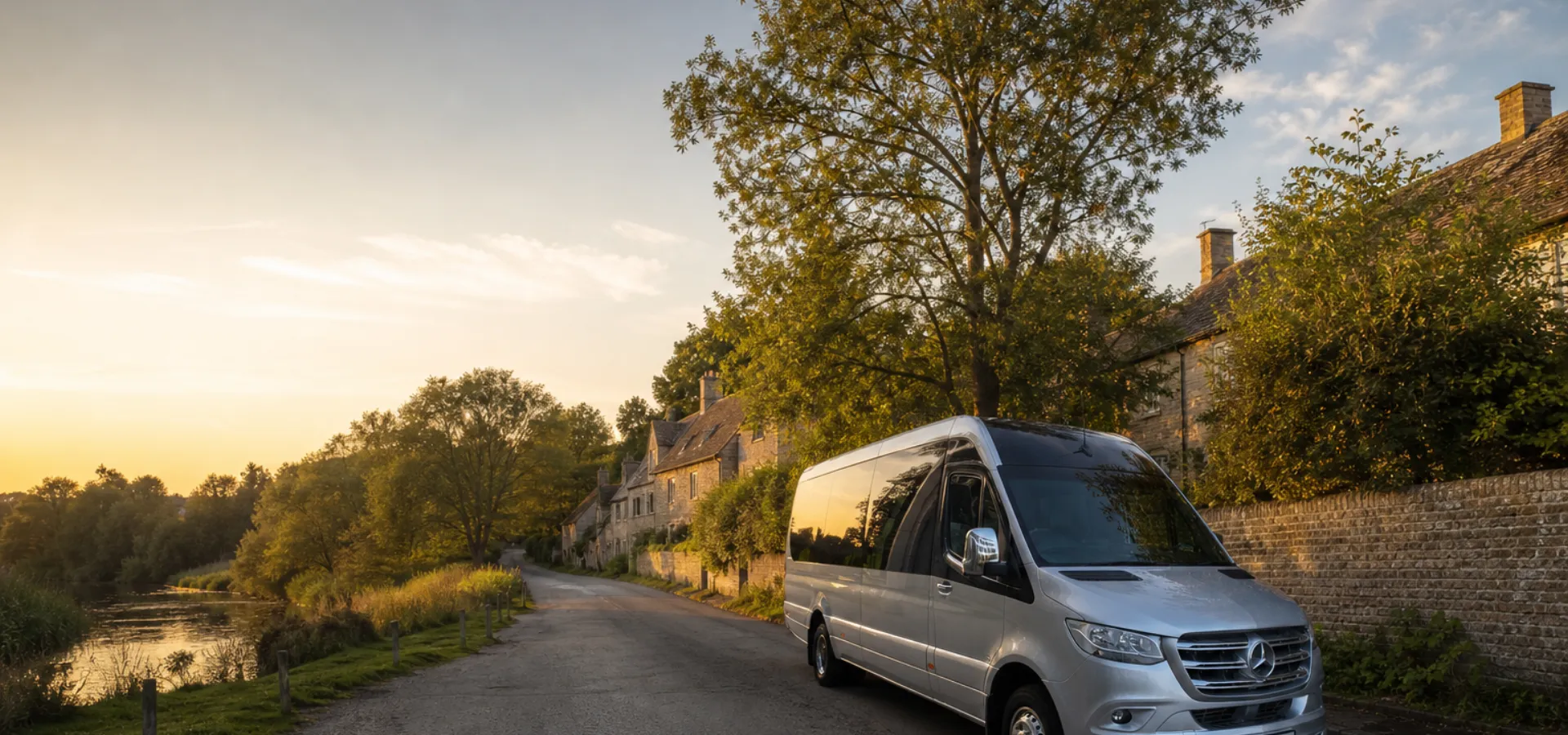 Illustration of a silver minibus on a quiet village lane at sunset