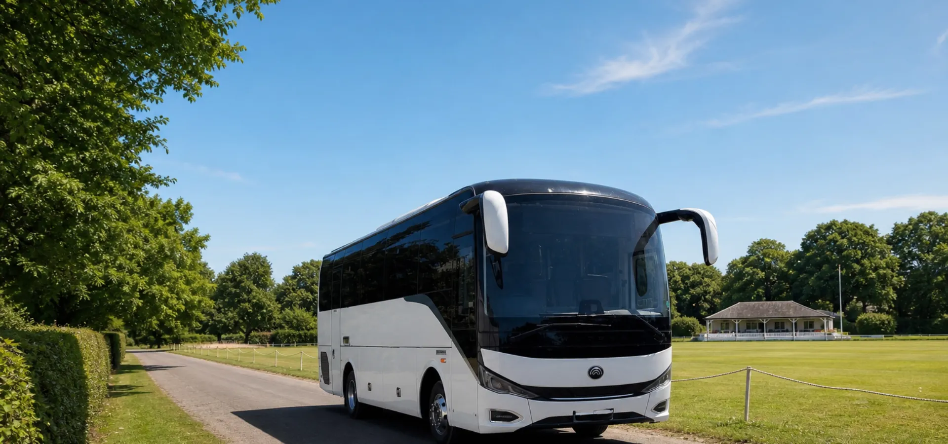 Illustration of a coach beside a village sports ground on a Saturday morning