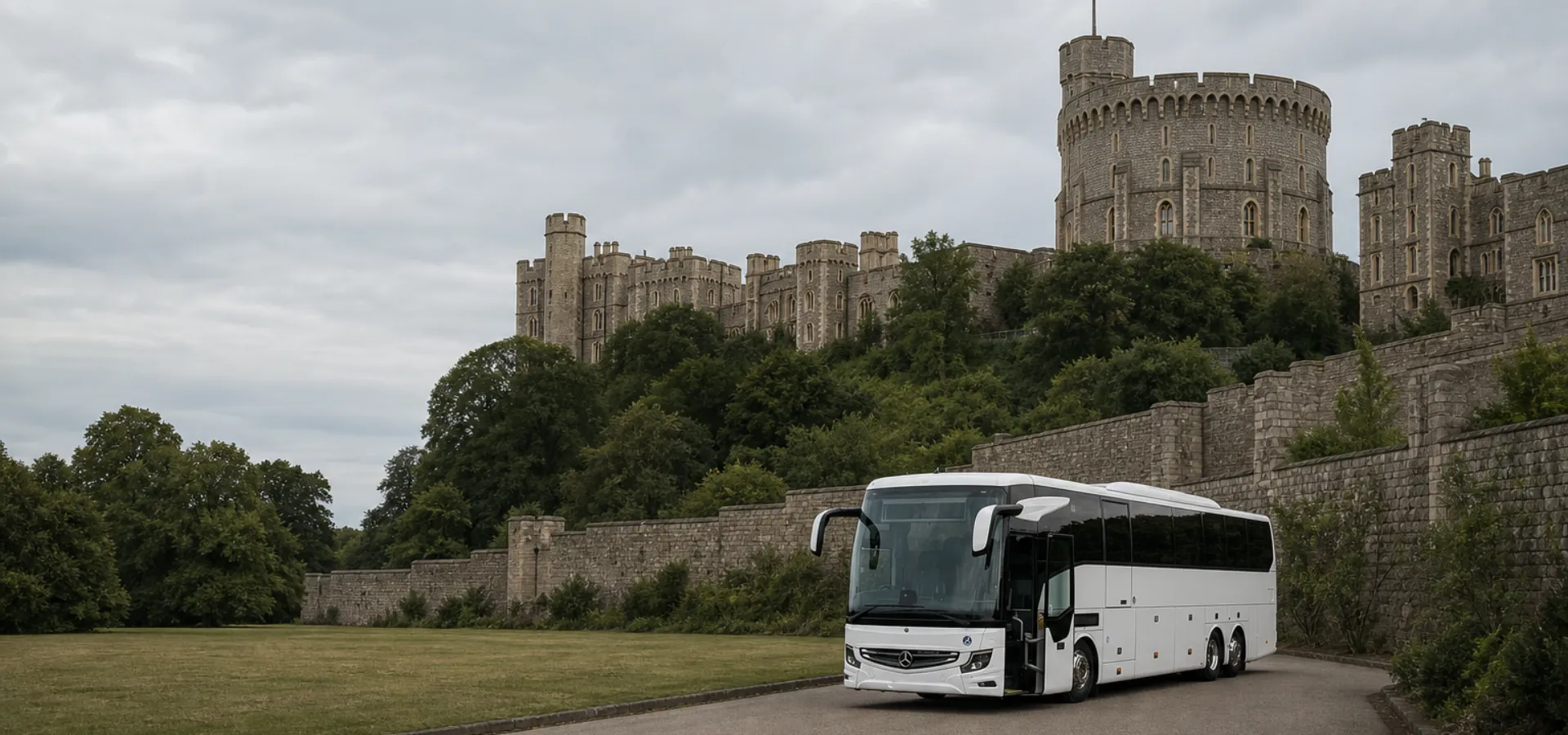Illustration of a coach parked below Windsor Castle